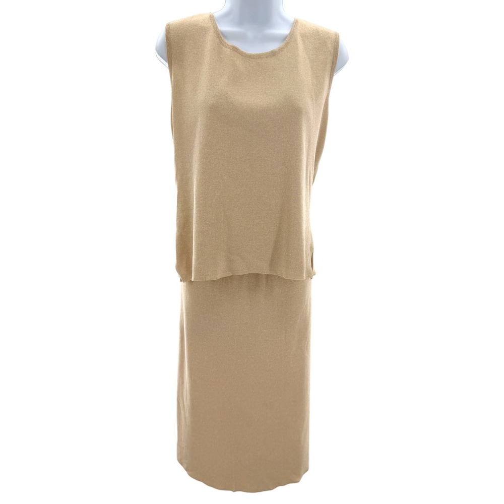 Ming Wang Knit Skirt Set L Gold Metallic Shimmer Sleeveless Top Midi Column Cozy